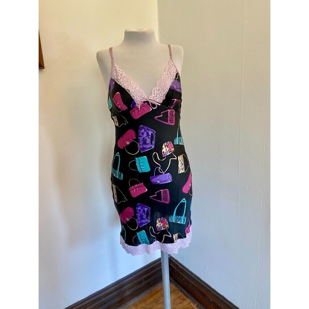 VTG Nicole Miller 2000 100% Silk Slip Dress Bag Purse Print Animal Lace RARE Pur